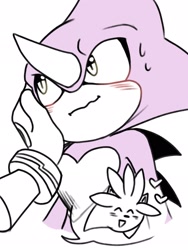 Size: 1536x2048 | Tagged: safe, artist:lame0nardo, espio the chameleon, silver the hedgehog, 2024, blushing, cute, duo, espibetes, gay, heart, looking away, offscreen character, petting, shipping, silvabetes, silvio, simple background, sweatdrop, white background