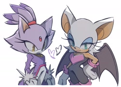 Size: 1991x1428 | Tagged: safe, artist:chilidog_16, blaze the cat, rouge the bat, 2024, duo, frown, heart, looking at viewer, looking offscreen, simple background, smile, standing, white background