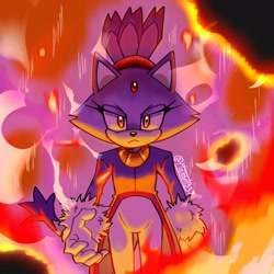 Size: 2048x2048 | Tagged: safe, artist:maxart1537, blaze the cat, 2024, :<, abstract background, fire, frown, lidded eyes, looking at viewer, solo, standing