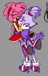 Size: 497x784 | Tagged: safe, artist:wikihowhowtoexist, amy rose, blaze the cat, cat, hedgehog, 2024, amy x blaze, amy's halterneck dress, blaze's tailcoat, cute, eyes closed, female, females only, holding them, lesbian, mouth open, shipping