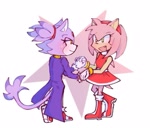 Size: 749x640 | Tagged: safe, artist:fireories, amy rose, blaze the cat, cat, hedgehog, 2024, amy x blaze, amy's halterneck dress, blaze's tailcoat, cute, female, females only, holding hands, lesbian, looking at each other, shipping, star (symbol)