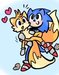 Size: 515x650 | Tagged: safe, artist:nulled-artique-blog, miles "tails" prower, sonic the hedgehog, blue background, blushing, carrying them, cute, duo, dust clouds, gay, heart, mouth open, shipping, simple background, smile, sonabetes, sonic x tails, tailabetes, walking