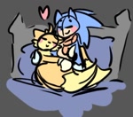 Size: 640x565 | Tagged: safe, artist:nulled-artique-blog, miles "tails" prower, sonic the hedgehog, bed, blushing, cute, duo, eyes closed, gay, heart, holding each other, pillow, shipping, sketch, smile, sonabetes, sonic x tails, tailabetes