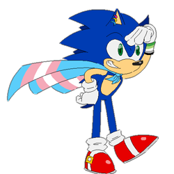 Size: 500x500 | Tagged: safe, artist:sth-lgbtq, sonic the hedgehog, arm band, aromantic, aromantic pride, cape, clenched teeth, ear piercing, earring, leaning forward, looking offscreen, pansexual, pansexual pride, pride, pride flag, simple background, smile, solo, standing on one leg, trans male, trans pride, transgender, transparent background