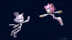 Size: 1024x576 | Tagged: safe, artist:tri-chiy, amy rose, blaze the cat, cat, hedgehog, 2017, amy x blaze, cute, female, females only, floating, lesbian, shipping, space