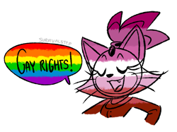 Size: 1077x805 | Tagged: safe, artist:survivalstep, blaze the cat, :3, english text, eyes closed, fangs, gay pride, gay rights, lesbian, lesbian pride, mouth open, pride, pride flag, signature, simple background, solo, speech bubble, white background