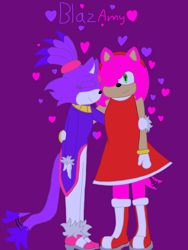 Size: 1620x2160 | Tagged: safe, artist:no1heredotcom, amy rose, blaze the cat, cat, hedgehog, 2023, amy x blaze, amy's halterneck dress, blaze's tailcoat, cute, eyes closed, female, females only, hand on arm, hand on back, hearts, lesbian, one eye closed, shipping