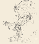 Size: 1280x1446 | Tagged: safe, artist:tekina-fiction, sonic the hedgehog, alternate outfit, claws, clothes, dust clouds, eyelashes, fingerless gloves, line art, looking at viewer, obtrusive watermark, shorts, signature, smile, sneakers, solo, sunglasses, tank top, traditional media, transgender, watermark