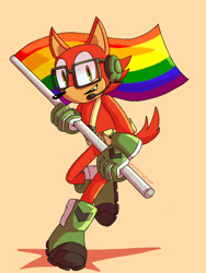 Size: 768x1024 | Tagged: safe, artist:zippityzap, gadget the wolf, flag, gay pride, holding something, looking at viewer, mouth open, pride, pride flag, signature, simple background, smile, solo, standing, tan background