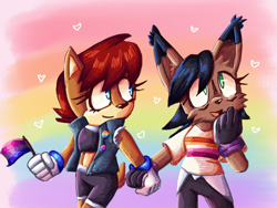 Size: 1024x768 | Tagged: safe, artist:zippityzap, nicole the hololynx, sally acorn, alternate outfit, bisexual, bisexual pride, clothes, duo, flag, gradient background, heart, holding hands, holding something, lesbian, looking at them, looking offscreen, nicole x sally, pride, pride flag, redraw, shipping, shirt, smile, standing