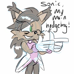 Size: 1050x1050 | Tagged: safe, artist:zippityzap, nicole the hololynx, dialogue, english text, fingergun, implied sonic, looking offscreen, smile, solo, standing, wink