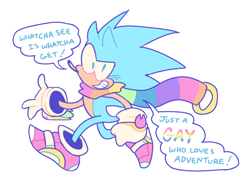 Size: 1280x969 | Tagged: safe, artist:curryswirl, sonic the hedgehog, sonic adventure 2, dialogue, english text, featured image, gay, gay pride, looking at viewer, pride, redraw, ring, scarf, simple background, smile, soap shoes, solo, speech bubble, walking, white background