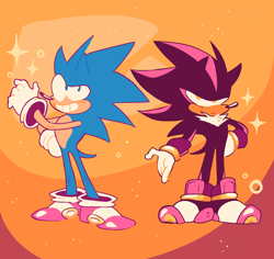 Size: 1280x1209 | Tagged: safe, artist:curryswirl, shadow the hedgehog, sonic the hedgehog, abstract background, duo, frown, looking at viewer, looking offscreen, ring, smile, sparkles, standing