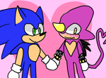 Size: 540x400 | Tagged: dnp, safe, artist:sonknuxadow, espio the chameleon, sonic the hedgehog, blushing, duo, flat colors, gay, heart, heart tail, holding hands, looking at them, looking away, ms paint, shipping, smile, sonespio, standing
