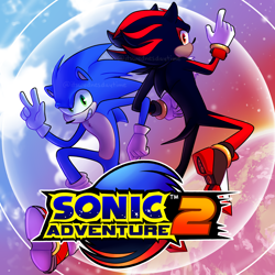 Size: 2048x2048 | Tagged: safe, artist:wednesday-moved, shadow the hedgehog, sonic the hedgehog, sonic adventure 2, abstract background, duo, linking arms, redraw