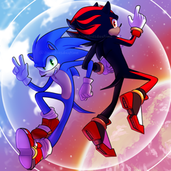 Size: 2048x2048 | Tagged: safe, artist:wednesday-moved, shadow the hedgehog, sonic the hedgehog, sonic adventure 2, abstract background, alternate version, duo, linking arms, redraw