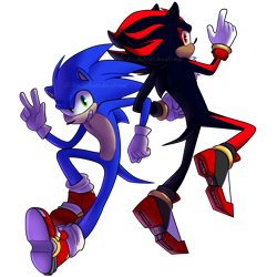 Size: 2048x2048 | Tagged: safe, artist:wednesday-moved, shadow the hedgehog, sonic the hedgehog, sonic adventure 2, alternate version, duo, linking arms, redraw, simple background, transparent background