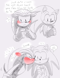 Size: 700x911 | Tagged: safe, artist:sonighty, mighty the armadillo, sonic the hedgehog, blushing, daisy (flower), dialogue, duo, english text, flower, frown, gay, grey background, greyscale, holding something, kiss on cheek, line art, monochrome, shipping, simple background, smile, sonighty, speech bubble, surprised, sweatdrop, thinking