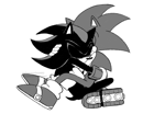 Size: 2048x1425 | Tagged: safe, artist:silvermun, shadow the hedgehog, sonic the hedgehog, duo, eyes closed, gay, grey background, hugging, monochrome, shadow x sonic, shipping, simple background, sitting, sitting on lap, white background