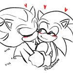 Size: 500x500 | Tagged: safe, artist:silvermun, shadow the hedgehog, sonic the hedgehog, :3, cute, duo, eyes closed, gay, heart, holding each other, holding them, kiss on cheek, line art, sfx, shadow x sonic, shipping, signature, simple background, smile, sonabetes, white background
