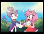 Size: 2048x1583 | Tagged: safe, artist:chonkypancake_, amy rose, blaze the cat, cat, hedgehog, 2024, alternate version, amy x blaze, amy's halterneck dress, blaze's tailcoat, cute, female, females only, hands together, hearts, lesbian, looking at each other, mouth open, shipping
