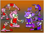 Size: 640x480 | Tagged: safe, artist:nekoworl, amy rose, blaze the cat, cat, hedgehog, 2021, amy x blaze, bottle, cute, female, females only, gymnastic outfit, lesbian, mario & sonic at the olympic games, shipping