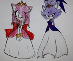 Size: 2583x2173 | Tagged: safe, artist:ks0210, amy rose, blaze the cat, cat, hedgehog, 2021, amy x blaze, crossover, cute, dress, female, females only, lesbian, looking at viewer, shipping, traditional media