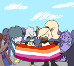 Size: 950x850 | Tagged: safe, artist:knockknockitsnickels, amy rose, sally acorn, tangle the lemur, whisper the wolf, abstract background, bisexual pride, daytime, duo focus, flag, group, lesbian, lesbian pride, outdoors, pride, pride flag, pride parade, shipping, standing, tangle x whisper, trans pride