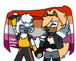 Size: 2048x1638 | Tagged: safe, artist:silverlombaxwitch, tangle the lemur, whisper the wolf, cute, demisexual, demisexual pride, duo, eyes closed, flag, holding hands, holding something, lesbian, lesbian pride, mouth open, pride, pride flag, shipping, signature, simple background, smile, standing, tangle x whisper, transparent background