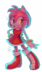 Size: 600x1024 | Tagged: safe, artist:pumpkindogart, amy rose, frown, hand on hip, looking offscreen, signature, simple background, solo, standing, white background