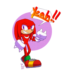 Size: 1250x1350 | Tagged: safe, artist:pumpkindogart, knuckles the echidna, dialogue, looking at viewer, signature, simple background, smile, solo, speech bubble, standing, white background