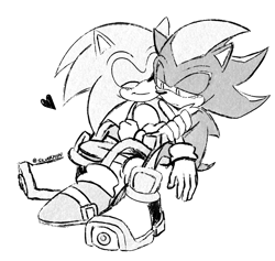 Size: 1900x1800 | Tagged: safe, artist:silvermun, shadow the hedgehog, sonic the hedgehog, blushing, cute, duo, eyes closed, frown, gay, heart, hugging, lidded eyes, line art, monochrome, shadow x sonic, shipping, signature, simple background, sitting, smile, white background