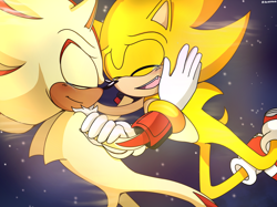 Size: 2048x1535 | Tagged: safe, artist:silvermun, shadow the hedgehog, sonic the hedgehog, super shadow, super sonic, blushing, crying, cute, duo, eyes closed, flying, gay, holding each other, mouth open, shadow x sonic, shipping, signature, smile, star (sky), super form, tears, tears of happiness