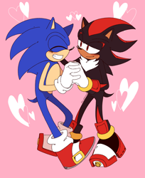 Size: 1102x1351 | Tagged: safe, artist:silvermun, shadow the hedgehog, sonic the hedgehog, blushing, cute, duo, eyes closed, gay, heart, holding them, lidded eyes, looking at them, pink background, shadow x sonic, shipping, signature, simple background, smile, standing