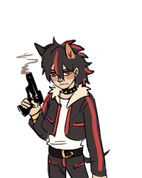 Size: 1280x1597 | Tagged: safe, artist:frulleboi, shadow the hedgehog, human, frown, gun, holding something, humanized, looking at viewer, simple background, smoke, solo, spiked collar, standing, white background
