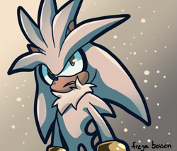 Size: 1121x960 | Tagged: safe, artist:frulleboi, silver the hedgehog, clenched teeth, frown, gradient background, looking up, outline, signature, solo, standing