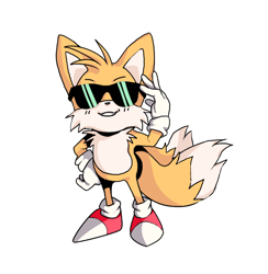 Size: 632x648 | Tagged: safe, artist:frulleboi, miles "tails" prower, cute, hand on hip, looking at viewer, simple background, solo, standing, sunglasses, white background