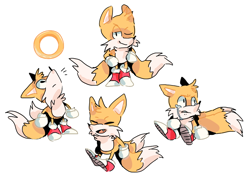 Size: 982x703 | Tagged: safe, artist:frulleboi, miles "tails" prower, crying, eyes closed, frown, looking at viewer, looking offscreen, looking up, one fang, ring, sad, simple background, sitting, smile, solo, standing, tears, white background, wink