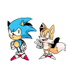 Size: 564x527 | Tagged: safe, artist:frulleboi, miles "tails" prower, sonic the hedgehog, duo, frown, simple background, smile, standing, v sign, white background