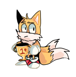 Size: 319x323 | Tagged: safe, artist:frulleboi, miles "tails" prower, frown, holding something, looking offscreen, simple background, solo, standing, trophy, white background