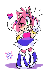 Size: 1280x1746 | Tagged: safe, artist:tomaturtles, amy rose, bisexual, bisexual pride, blushing, hand on hip, heart, looking at viewer, shadow (lighting), signature, simple background, smile, solo, standing, white background, wink