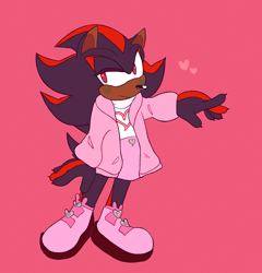 Size: 1250x1300 | Tagged: safe, artist:enbyshadow, shadow the hedgehog, alternate outfit, blushing, claws, clothes, frown, gloves off, green blush, heart, jacket, lidded eyes, looking offscreen, nonbinary, pink background, shirt, simple background, skirt, solo, standing