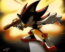 Size: 1600x1293 | Tagged: safe, artist:calebharris496, shadow the hedgehog, 2024, abstract background, bazooka, clenched teeth, explosion, frown, holding something, redraw, shadow the hedgehog (video game), solo, standing