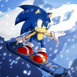 Size: 794x790 | Tagged: safe, artist:razorkun, sonic the hedgehog, 2014, abstract background, ice cap zone, looking ahead, looking offscreen, smile, snow, snowboard, snowing, solo, sonic the hedgehog 3