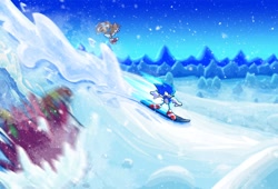 Size: 1592x1080 | Tagged: safe, artist:ricecaqes, miles "tails" prower, sonic the hedgehog, 2022, abstract background, classic sonic, classic tails, duo, flying, ice cap zone, looking offscreen, mouth open, outdoors, smile, snow, snowboard, snowing, sonic the hedgehog 3, spinning tails