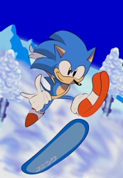 Size: 708x1024 | Tagged: safe, artist:zonic cop, sonic the hedgehog, 2020, abstract background, classic sonic, daytime, ice cap zone, japanese text, outdoors, posing, smile, snow, snowboard, solo, sonic the hedgehog 3