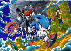 Size: 1000x723 | Tagged: safe, artist:joelchan, eggrobo, miles "tails" prower, sonic the hedgehog, sky sanctuary zone, 2016, abstract background, classic sonic, classic tails, clouds, death egg, flying, markerwork, robot, running, sonic the hedgehog 3, spinning tails, traditional media, trio