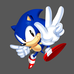 Size: 640x640 | Tagged: safe, artist:bah_a, sonic the hedgehog, classic sonic, grey background, looking at viewer, mid-air, pointing, posing, simple background, smile, solo, sonic the hedgehog 3, v sign