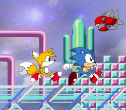 Size: 1299x1134 | Tagged: safe, artist:alex13art, miles "tails" prower, sonic the hedgehog, 2016, abstract background, chopper, classic sonic, classic tails, crystal egg zone, looking ahead, looking offscreen, redraw, robot, running, smile, sonic the hedgehog 2 (8bit), trio