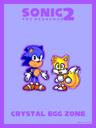 Size: 1536x2048 | Tagged: safe, artist:sunnydiskette, miles "tails" prower, sonic the hedgehog, 2022, border, classic sonic, classic tails, crystal egg zone, duo, english text, purple background, signature, simple background, sonic the hedgehog 2 (8bit)
